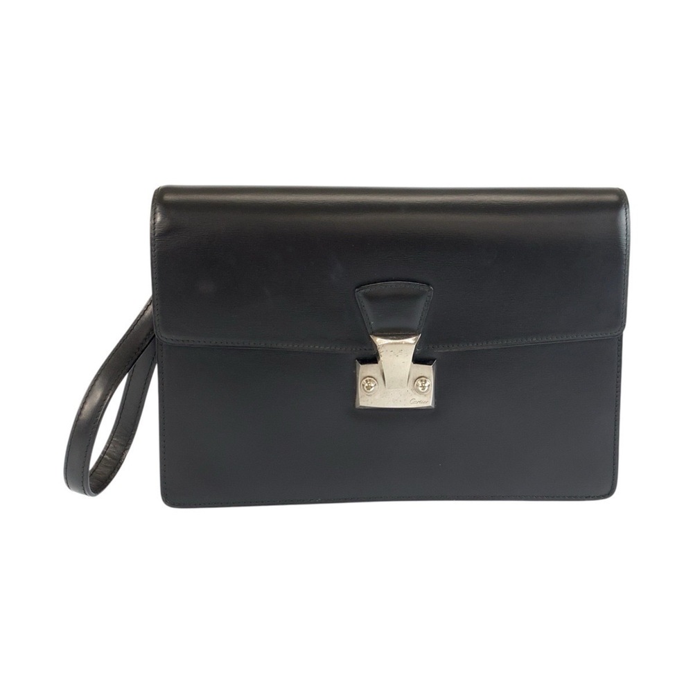 CARTIER Cartier Pasha Black Leather Clutch Bag with Silver Hardware - Men's